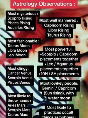 A vertical graphic with a pale background features astrological observations, formatted in a list style with text in black boxes against a light-colored backdrop. Overlayed within the graphic is a photograph of a person with red hair, the right side of whose face is partially visible. The title 'Astrology Observations:' is located in the image's upper-left segment, with the text below each heading. The text is clear, easy to read, and organized according to various astrological categories. The person in the picture is looking in the opposite direction of the content.