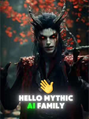 A person with dark eye makeup, horns, and a black garment, with a blurred background of red leaves, and text overlay as a hook. The image has a blurred background with a focus on the person.