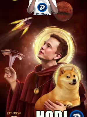 An image depicting Elon Musk in a religious-themed pose, with a halo and holding a Doge meme dog, against a background reminiscent of a celestial scene. There are visual references to Mars, cryptocurrency symbols, and a futuristic spacecraft. The art style is a digital illustration with bright colors.