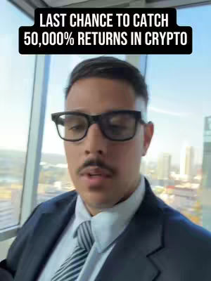 A man in a suit and glasses looks directly at the camera, with text overlayed at the top. The background shows a bright cityscape through a window.