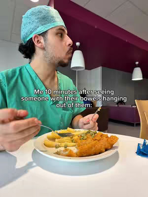 The cover image shows a close-up of a man, seated at a table, wearing a surgical cap and scrubs. He holds a fork in his hand, looking at a plate of food. The plate contains fried fish and chips. There is overlaid text on the image.