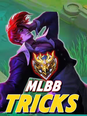 The cover image features a man with bright red hair, looking upward with his hand on his forehead. He is wearing a dark suit over a white collared shirt with a golden emblem on his chest. The overlay text 'MLBB TRICKS' is in yellow with a black outline at the bottom of the image, the background is green with blurred trees.