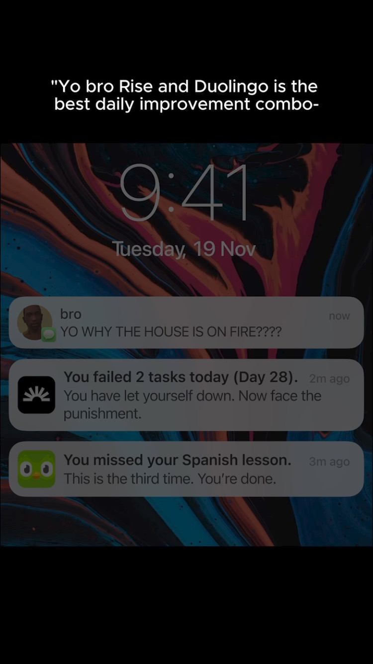 The image shows a phone screen displaying various notifications. At the top is a clock showing 9:41. Below, several notifications are visible, including a chat from "bro," language learning app notifications regarding missed lessons and a motivational app indicating failed tasks, against a colorful, blurred background.