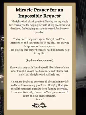 The cover image features a beige background with a framed prayer. The frame has rounded corners. Inside the frame, the text is arranged in a clear, readable format, with the title "Miracle Prayer for an Impossible Request" at the top in a bold font, followed by the prayer text in a standard font. The text is dark gray against the beige background. The bottom of the frame says "From The Angels". The background behind the frame shows a blurred nighttime urban scene with skyscrapers and lights, in a dark color palette.
