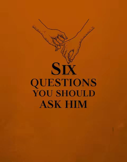 An image with a solid orange background. At the top, two hands are illustrated, with the fingers of each hand nearly touching. Below the hands, the text reads "Six QUESTIONS YOU SHOULD ASK HIM" in a bold, black font.