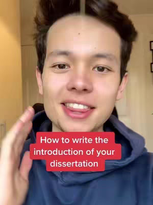 A young man with dark hair and a blue hoodie smiles at the camera. A red rectangle with white text, "How to write the introduction of your dissertation," is superimposed over the lower part of the image.