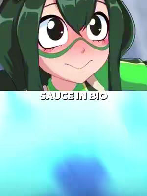 The image shows a close-up of a cartoon character. The character is a female anime-style figure with green hair and a matching green outfit. She has large, expressive eyes and a slight smile. Text overlayed on the image reads 'SAUCE IN BIO.' The bottom half of the image transitions into a blue gradient background.