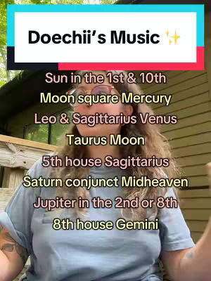 The cover image features a person with long curly hair, wearing glasses and a light blue shirt. The image is overlaid with text in a black and white banner at the top that reads "Doechii's Music" with a star symbol. Below, various lines of text list astrological information, written in a clear, readable font.