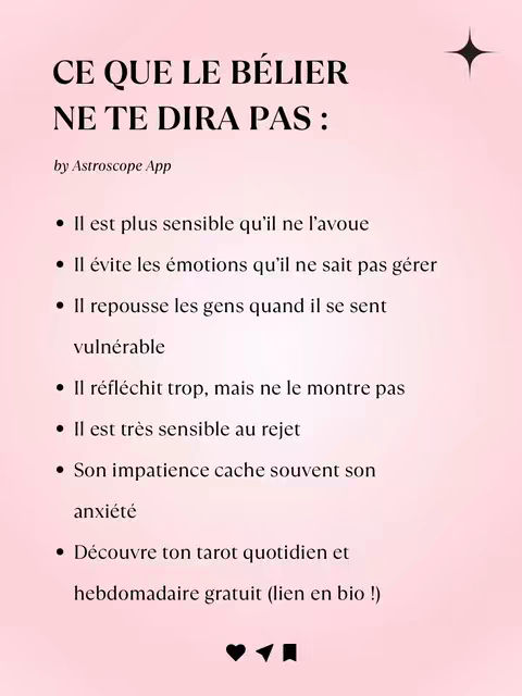 The image features a soft pink gradient background. Centered at the top is the text "CE QUE LE BÉLIER NE TE DIRA PAS :" in a bold, black font. Below this, in a smaller, also black font, reads "by Astroscope App." The rest of the image is a bulleted list of characteristics, each beginning with a black dot. Text at the bottom encourages viewers to discover their daily tarot, also providing a link. A stylized star is in the top right corner, and small icons are present along the bottom.