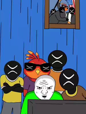 An animated image featuring several characters with black, featureless faces, each marked with a white "X" symbol. They are arranged in a semi-circle, reacting to something on a computer screen which is being viewed by a character in the middle looking surprised. A character with sunglasses and a bird-like appearance stands nearby. In the background, a framed picture depicts similar figures saluting, perhaps an emblem of something important to the depicted figures, with a blue background marked with vertical lines.