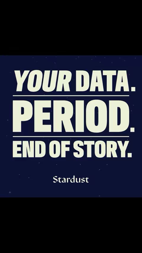 The image presents a bold, text-based design on a dark blue background filled with tiny white dots resembling stars. The dominant text reads, in a stark white, "YOUR DATA. PERIOD. END OF STORY." positioned from top to bottom. Below this, the word "Stardust" is written in a smaller, white font.