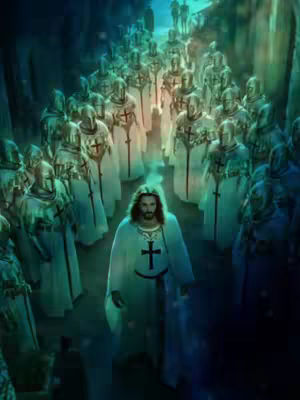 The image depicts Jesus Christ in the foreground walking towards the viewer. He is wearing a white robe with a black cross on it and is surrounded by a crowd of people dressed as knights in white robes and helmets. The background is dark with a blueish hue. The layout is vertical.