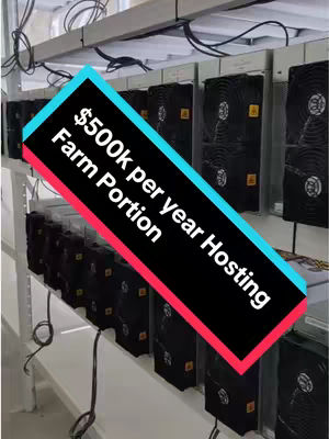 A photo of a server room with rows of black ASIC miners. A colored text bar overlays the image showing the asking price for a portion of the hosting.