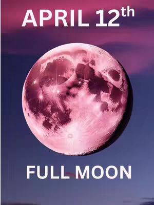 The cover image features a large, pink full moon positioned in the center against a gradient background that transitions from a dark blue at the bottom to a purple hue at the top. White text at the top reads "APRIL 12th", and at the bottom "FULL MOON". The moon's surface displays detailed craters and shadows.