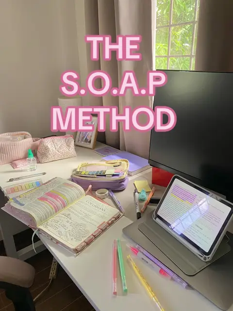 A well-lit desk with various study materials. An open Bible is placed prominently in the center, with highlighted text. An iPad displaying notes, colorful highlighters, pens, and other study supplies, with the text overlayed on the image.