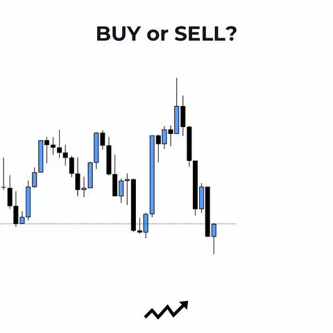The cover image shows a white background with a stock chart overlaid.  The chart displays candlestick patterns in black and blue against a white background, with a zig-zag line with an upward arrow at the bottom. Above the chart in bold, black letters is the text: BUY or SELL?