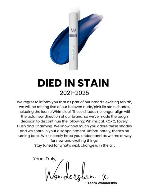 The image features a white background with a product, a lip stain applicator, and a swipe of blue lip stain. The text overlay announces the retirement of certain lip stain shades.