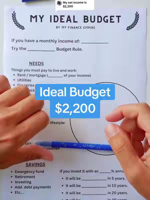 A person is holding a sheet of paper with "My Ideal Budget" written on it. A blue rectangle with white text indicating "Ideal Budget $2,200" covers a part of the form. The image is well-lit, showing the form with the text and annotations and hints of hands holding it.