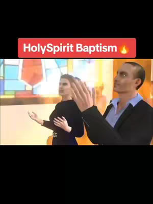 A CGI image showing two people in a church setting. The person in the foreground is a man with short hair, wearing a suit. He has his hands raised. To the background, there is anther character with black clothes, also with her hands raised. There is a stained glass window in the background, implying a church setting with warm sunlight.