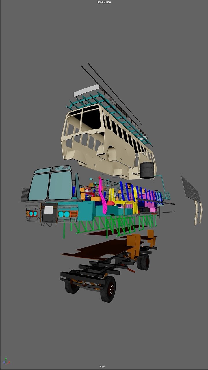 An exploded view of a 3D model of a bus, showing its internal components separated and suspended against a gray background. The model is segmented into various parts, with different colors used to distinguish them. The bus's body, chassis, wheels, and internal structures are all visible, showcasing a detailed architectural layout. The composition is a technical representation, highlighting the assembly of the vehicle's parts, implying a focus on the modeling process.