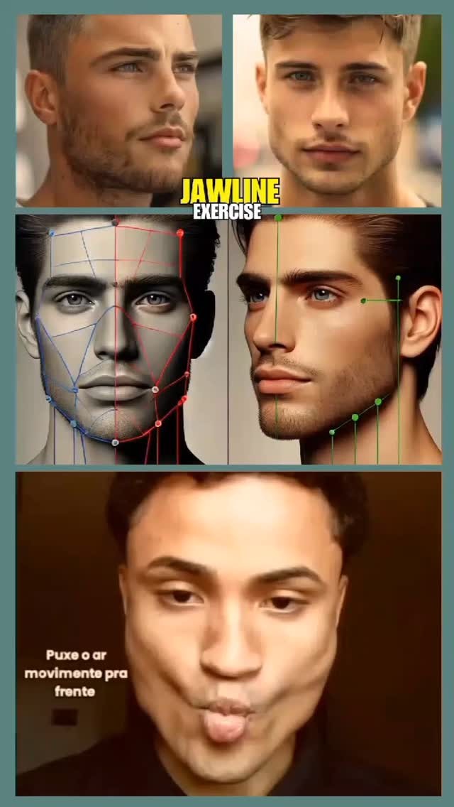 The cover image is a vertical collage. It is divided into three sections. The top section shows two images of men, an attractive one on each side with a 'Jawline Exercise' text between them. The middle section features an anatomical diagram of a man's face with lines, points, and numbers and a side image of a man where the face is highlighted with lines. The bottom section is a close-up of a man's face making a kissing pout while speaking Portuguese.