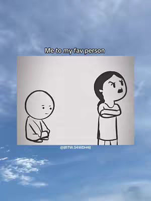 The image is a split scene against an overcast sky background. The primary segment features a cartoon of two figures. One is a round, faceless character sitting with their knees up; the other is a woman with a stern expression and arms crossed. Text overlays the top.
