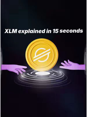 The image is a vertical graphic with a dark, gradient background that fades to a deeper shade at the bottom. In the center is a large, gold coin with the Stellar Lumens (XLM) logo, positioned above a series of concentric white circles. Two stylized, purple hands appear on either side of the coin, reaching towards it as if to interact. Above the coin, white text reads 'XLM explained in 15 seconds'.