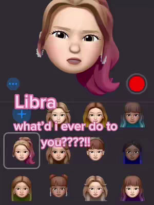 The cover image features an animated emoji-style face with pink text overlays. A large, central face is displayed with a neutral expression, surrounded by smaller faces in a grid layout. The background is a dark gray, with a red record button in the top right and blue app menu buttons on the top left.