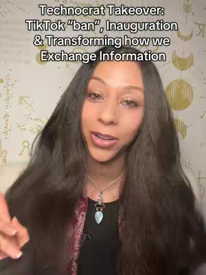 A woman with long dark hair looks directly at the camera, speaking. Text overlays her head, and the background features soft lighting and indistinct shapes.