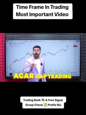 The cover image features a man in a light purple suit standing in front of a large screen displaying a stock chart. White text at the top says, "Time Frame In Trading Most Important Video." Below, yellow text reads "AGAR AAP TRADING." At the bottom, a white bar with text: "Trading Book & Free Signal Group Check Profile Bio" and checkmarks.