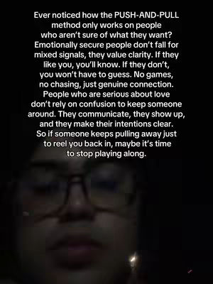 The cover image features the creator, with text overlayed on the image. The creator is seen from the upper-chest up, framed against a dimly lit background. They wear glasses. The text addresses the use of the push-and-pull method in relationships.