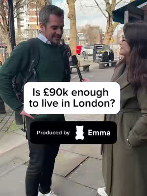 A man holding a microphone interviews a woman on a street, text overlays ask: "Is £90k enough to live in London?"