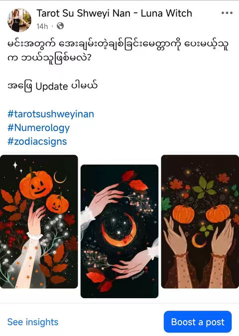 The cover image showcases three tarot card designs, each featuring hands interacting with celestial and natural elements. The design on the left features hands amidst pumpkins and leaves. The center design includes hands holding onto a crescent moon with stars. The design on the right features hands holding pumpkins and leaves.