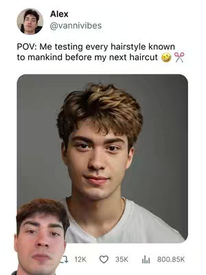 The cover image is a screenshot post featuring a main image of a young man with a new hairstyle, over a gray background. A smaller video cutout of another person at the bottom. The user's username appears at the top with a description of the images, along with a counter showing likes, shares, and views.