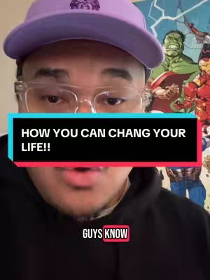 A selfie-style shot featuring a man in a purple cap and glasses, centered against a blurred background with superhero comic art. A rectangular text overlay reads 'HOW YOU CAN CHANG YOUR LIFE!!' over a black and teal gradient, with the text 'GUYS KNOW' in the bottom area.