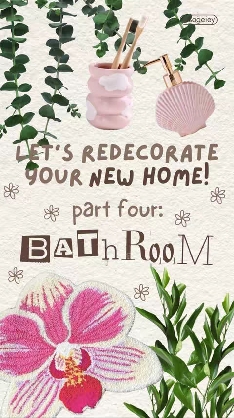 An image featuring a bathroom decor theme with text overlays. Green leafy vines hang from the top, and floral arrangements, like an orchid, are also included. There is a toothbrush holder and soap dispenser. The color palette is pastel, and it presents a clean, modern aesthetic.