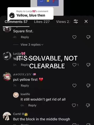 The cover image shows a dark background overlaid with a screenshot of a social media comment section. At the top, a comment bubble says "Yellow, blue then." Below, there's a list of comments and replies, with account names and messages. In the middle, it says "IT'S SOLVABLE, NOT CLEARABLE."