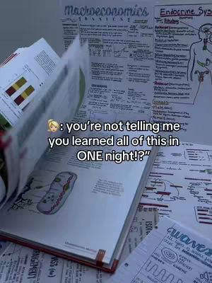 The image displays an open textbook with handwritten notes and diagrams, alongside other study materials. Overlayed text poses a question about the content learned, suggesting a study-related theme.