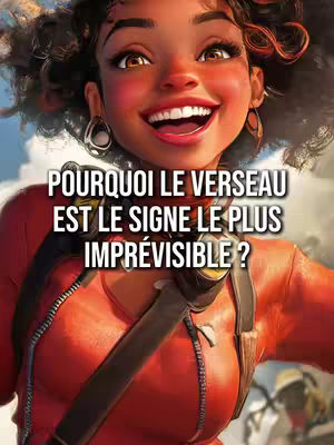 The cover image features a vibrant, digitally-rendered portrait of a smiling Black woman with voluminous curly hair. Bold, red lipstick and rosy cheeks emphasize her expression, which is a wide, joyful grin. Text overlay in white, block letters poses the question: "POURQUOI LE VERSEAU EST LE SIGNE LE PLUS IMPRÉVISIBLE ?" (Why is Aquarius the most unpredictable sign?) The background is a blurred mix of colors, with a hint of environment visible towards the bottom. The overall composition is modern, with a focus on the woman's face, conveying energy and direct communication.