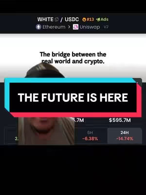 The cover image shows a screenshot of a crypto trading platform interface with a portion of a person's face visible from the chin up. A large, rectangular black and teal text overlay dominates the center of the image, reading 'THE FUTURE IS HERE'. The platform interface at the top displays cryptocurrency information, including ticker symbols. The background appears to be a webpage or application with financial data, with white and dark backgrounds. The overall composition is a mix of technical elements and attention-grabbing text, with focus on the overlay text.