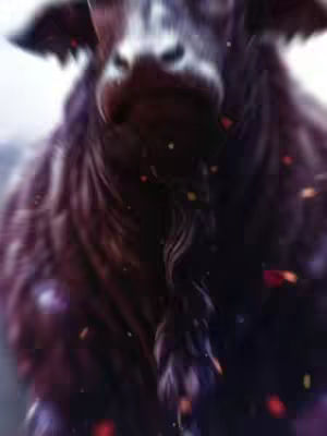 A blurred image features a bull's head in close-up, centered in the frame. The bull appears to be a dark color, possibly black or dark brown, its fur is textured with a sense of movement. The background is indistinct, with a suggestion of sky or a light source from above. There are small bright dots of light scattered over the image, and hints of reddish-orange coloration add to the dynamic feel.