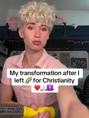 The cover image features a person with light skin, fair curly hair, wearing a pink collared shirt, and holding a brush. The background is blurred, suggesting an indoor setting with a dark surface and a glimpse of a structured bed.