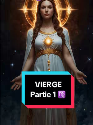 The cover image showcases a digitally created woman with brown hair and wearing a white dress. The woman is the central focus, and a golden aura surrounds her head and chest, suggesting divinity or importance. A banner at the bottom features the text, "VIERGE Partie 1," establishing the video's theme as related to astrology. The background is a dark space with faint stars, and the overall aesthetic is a blend of digital art and fantasy.