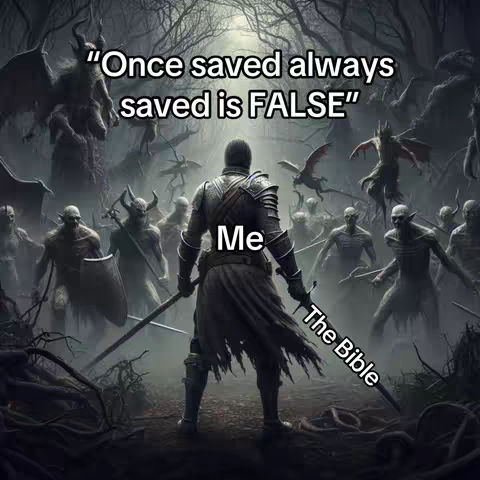 An AI-generated image depicting a medieval warrior standing defiantly against a horde of grotesque creatures in a dark, forested setting. The warrior, clad in shining armor, is labeled "Me," whilst the creatures represent opposition. Text overlays read "Once saved always saved is FALSE" and "The Bible," suggesting a theological argument. The image's gothic aesthetic and dramatic lighting contribute to a sense of conflict and religious symbolism.