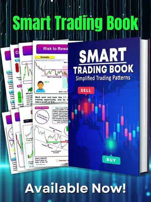 The cover image features a book angled to the right, with its pages fanned out to the left. The book's cover is a blue and white design saying "SMART TRADING BOOK", with a graphic simulating trading charts in the background. To the left are several pages from the book and the phrase "Available Now!". The background gradient incorporates blue.