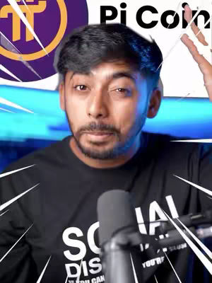 The image features a man in a black t-shirt with text, facing the camera and speaking into a microphone. Behind him, a blurred blue background with the Pi Network coin logo and text.
