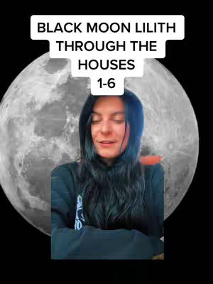 A woman with long, dark hair poses in front of a large, detailed moon graphic set against a black background. White text overlays at the top, and the woman has a slight smile.