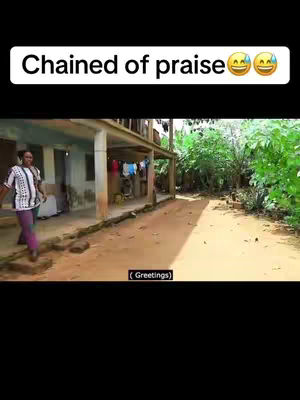 The cover image shows a man walking on a dirt path towards the camera. Behind him is a building with a covered porch and clothes hanging to dry. Lush greenery is visible to the right. Text at the top reads 'Chained of praise' with smiling emojis.