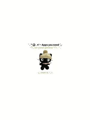 A minimalist cover image on a white backdrop features a black cat plush toy in the center, wearing a knitted hat and scarf. Above the cat, text arranged with symbols, reads, Apps you need on your phone. The image is simple and clean, with a playful aesthetic.