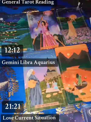 A tarot card reading setup with multiple cards spread on a blue surface covered in patterns. The cards feature illustrations of people and scenes. Text overlays indicate the video's topic and time stamps.